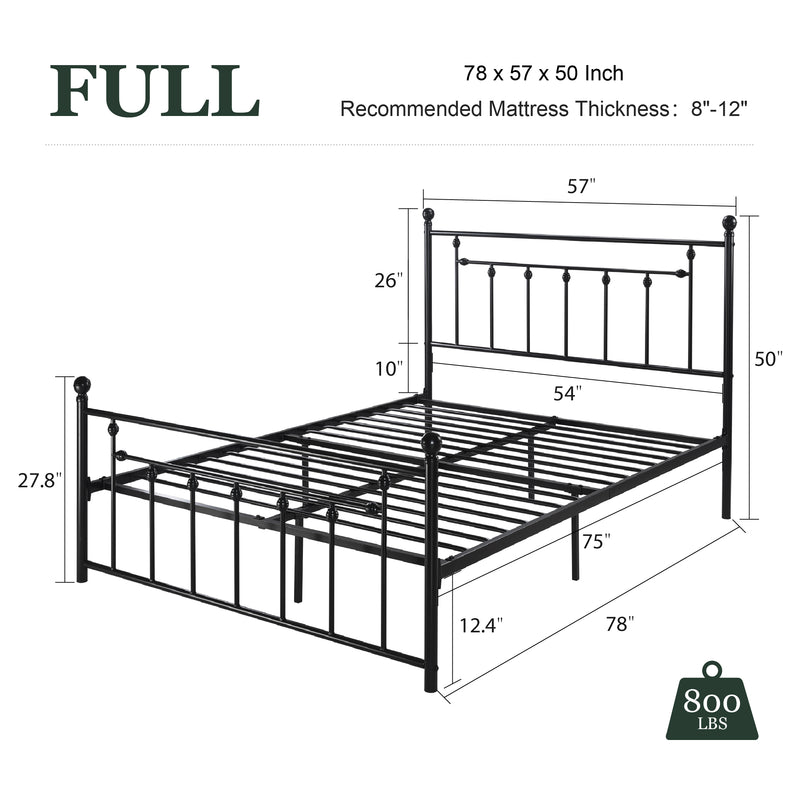 Queen Size Metal Bed Frame with Victorian Vintage Style Headboard and Footboard, Black