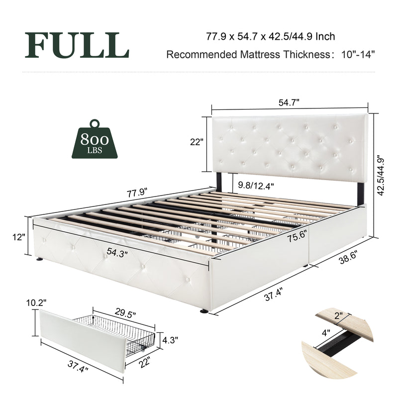 Faux Leather Platform Bed Frame with 4 Storage Drawers, Button Tufted Style Hedboard