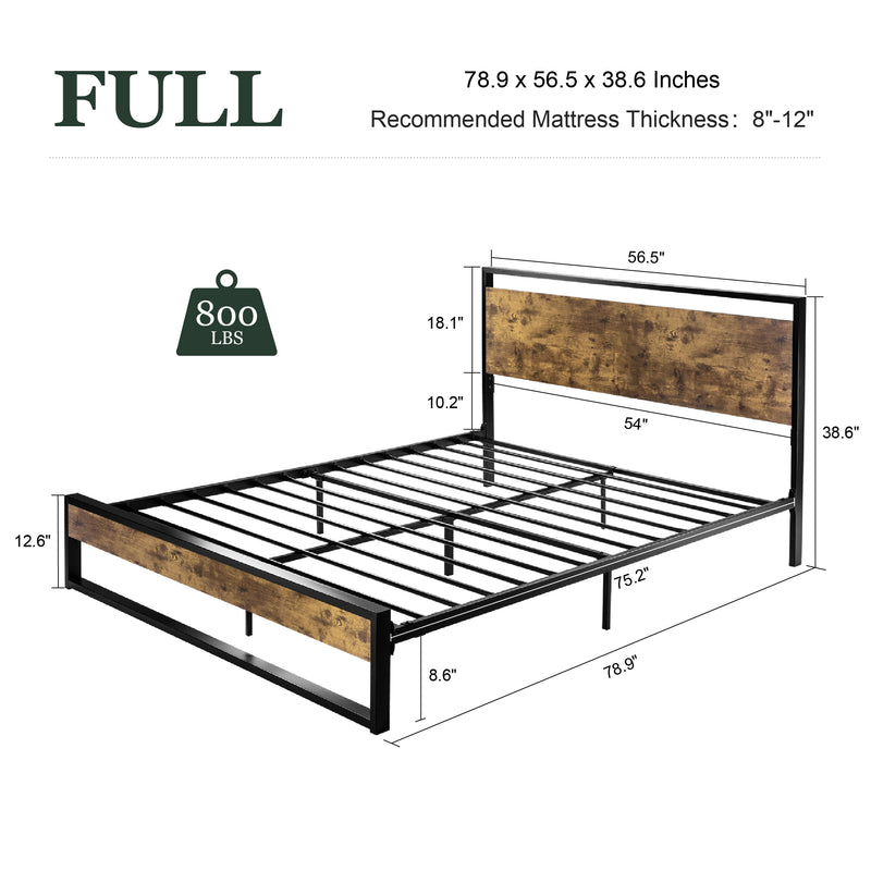 Modern Bed Frame with Wooden Industrial Headboard, Noise Free Design