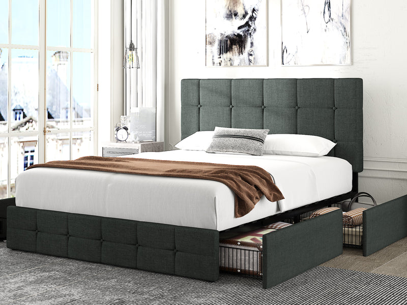 Queen Size Platform Bed Frame with Headboard and 4 Storage Drawers, Button Tufted Style, Dark Grey, Mattress Not Included