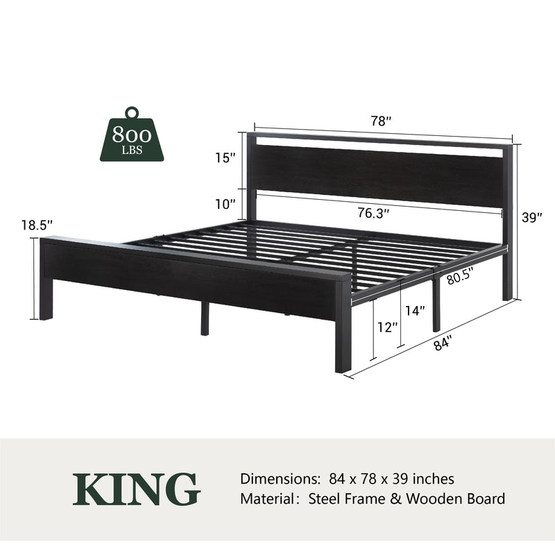 Amolife Metal Platform Bed Frame with Wooden Headboard & Footboard, Black Oak, Adult