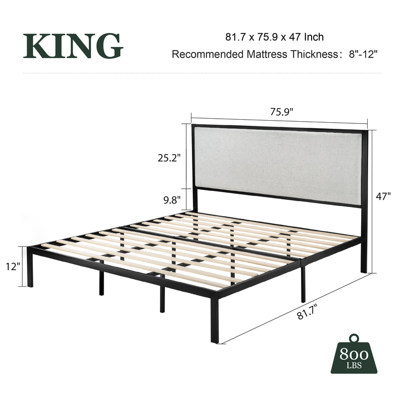 Queen Size Platform Bed Frame with Upholstered Headboard, Gray