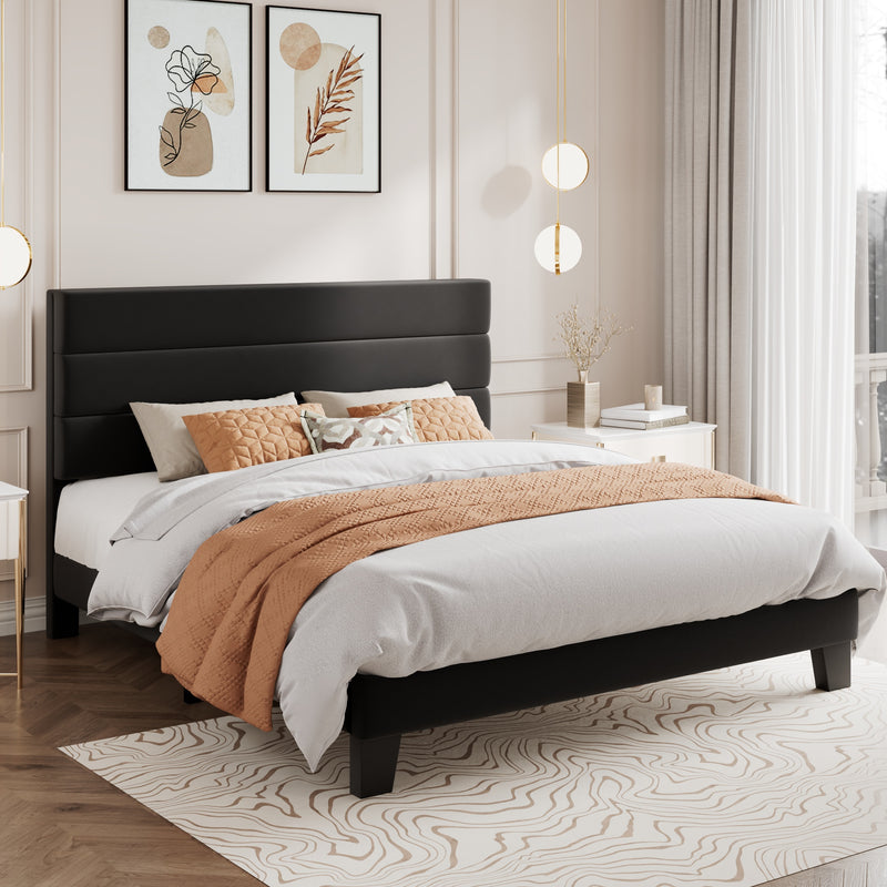 Modern Upholstered Platform Bed Frame with Headboard and Wooden Slats