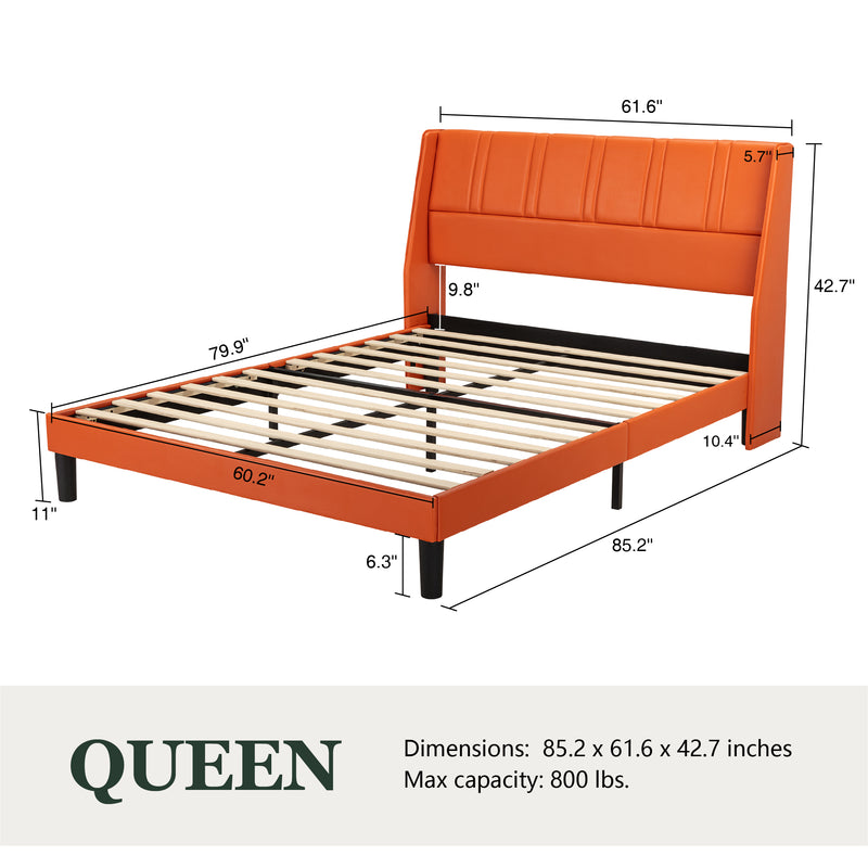 Queen Size Faux Leather Platform Bed Frame with Luxurious Wingback Headboard,Orange