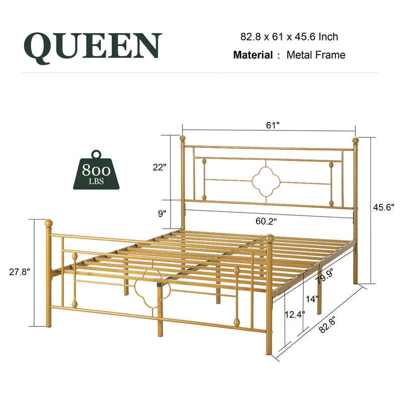 Queen Size Metal Bed Frame with Vintage Cross Pattern Headboard and Footboard, Black