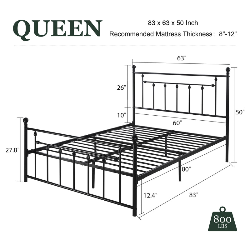 Queen Size Metal Bed Frame with Victorian Vintage Style Headboard and Footboard, Black