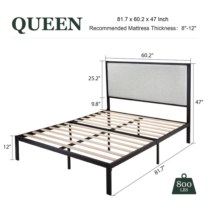 Queen Size Platform Bed Frame with Upholstered Headboard, Gray