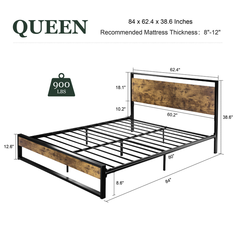 Modern Bed Frame with Wooden Industrial Headboard, Noise Free Design