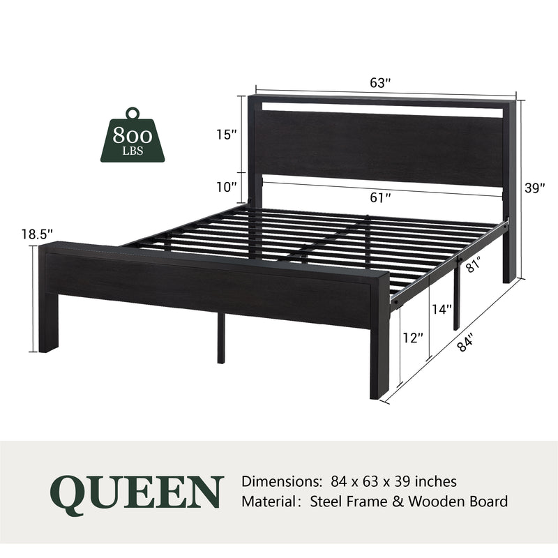 Amolife Metal Platform Bed Frame with Wooden Headboard & Footboard, Black Oak, Adult