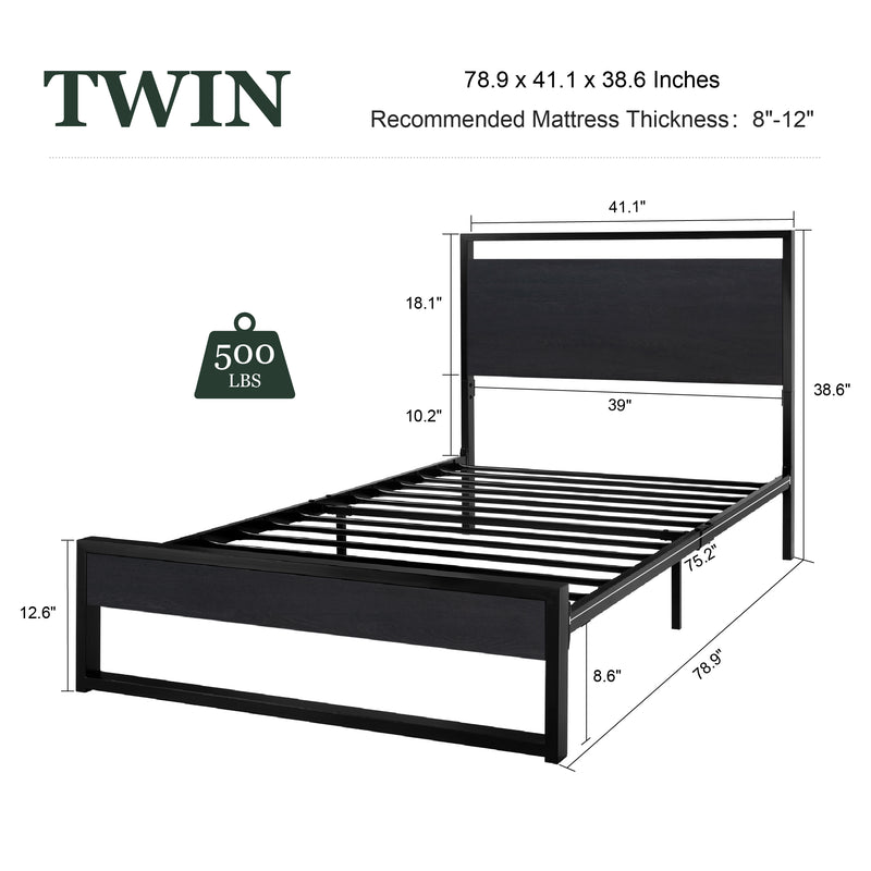 Modern Bed Frame with Wooden Industrial Headboard, Noise Free Design