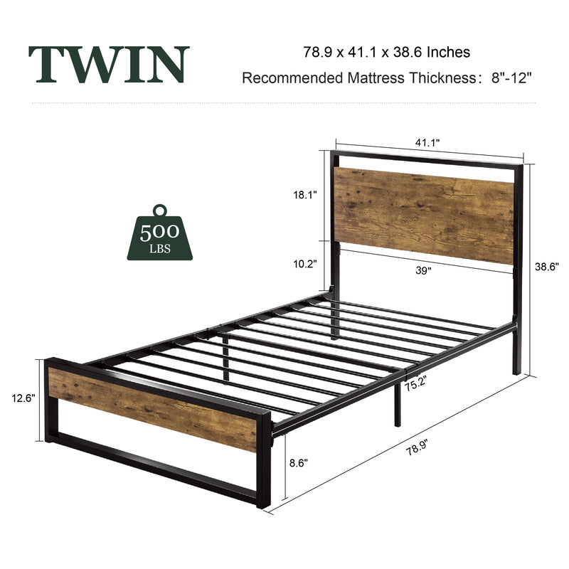 Modern Bed Frame with Wooden Industrial Headboard, Noise Free Design