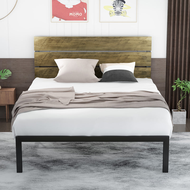 Twin Size Platform Bed Frame with Wood Headboard, Rustic Country Style, Black Powder Coating, Light Brown