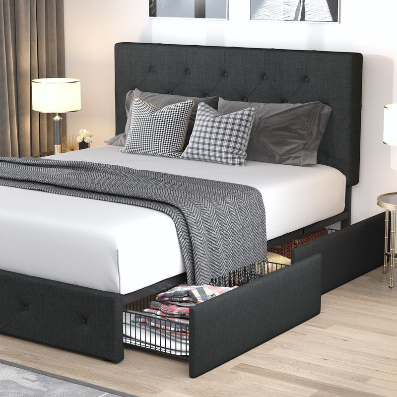 Upholstered Bed Frame with 4 Drawers Storage and Headboard