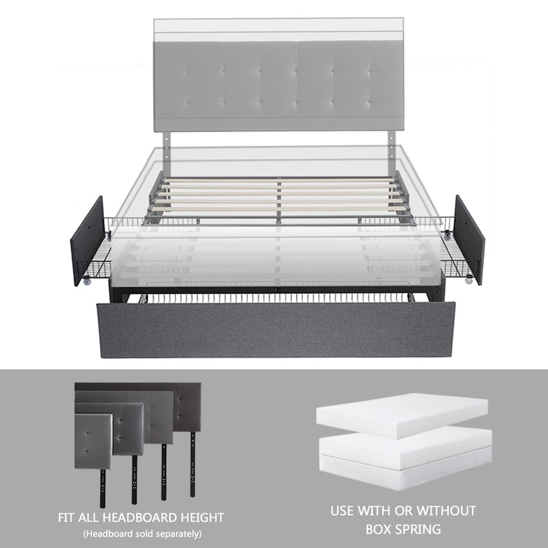 Platform Bed Frame with 3 Storage Drawers, Upholstered Wing Side Panel Design