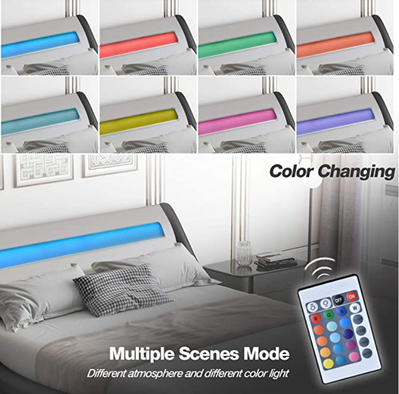 Wave Like Curve Deluxe Upholstered Modern Bed Frame with LED Headboard