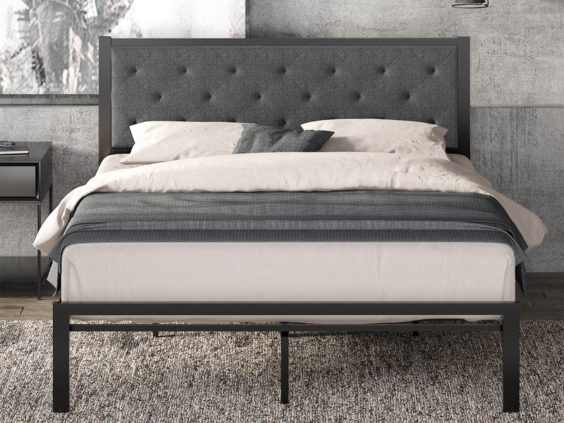 Metal Bed Frame with Headboard, Strong Steel Slats Support