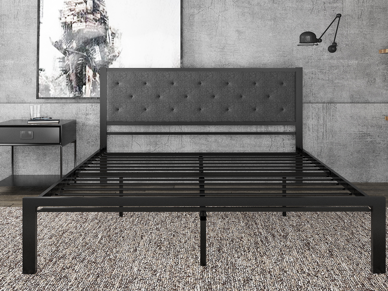 Metal Bed Frame with Headboard, Strong Steel Slats Support