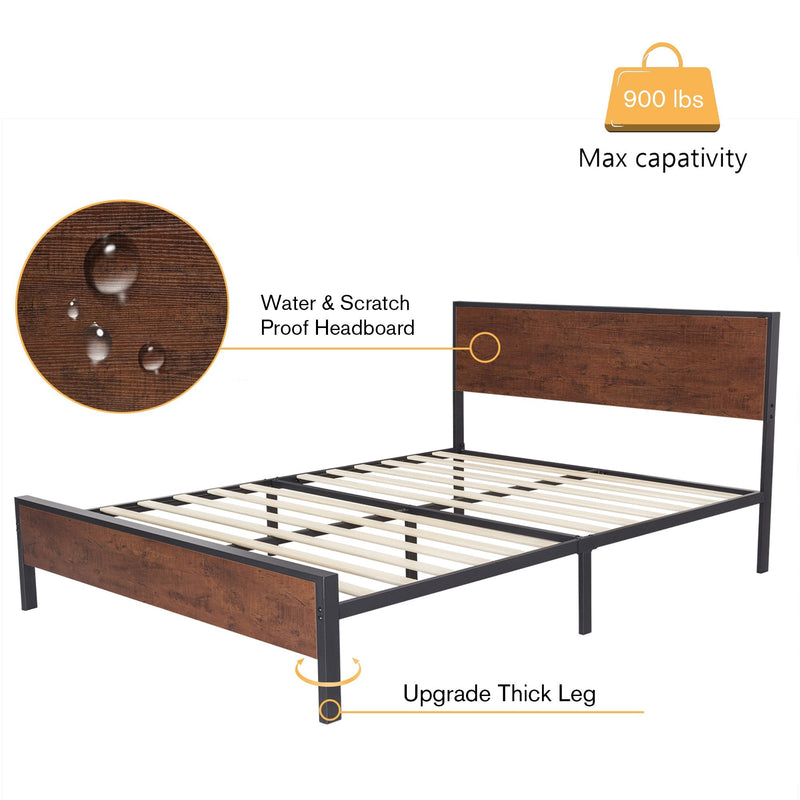 Heavy Duty Platform Bed Frame with Wood Headboard, 12 Under Bed Storage, Noise Free