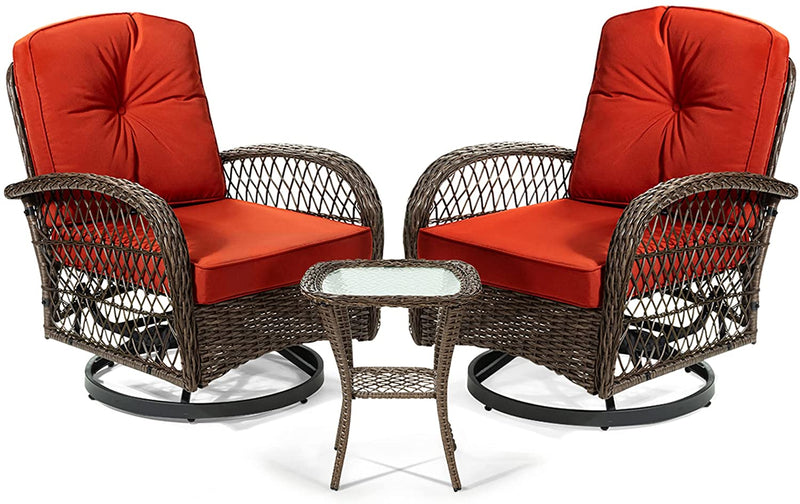 3 Pieces Patio Furniture Set, Outdoor Swivel Glider Rocker, Wicker Patio Bistro Set with Rocking Chair, Cushions and Table