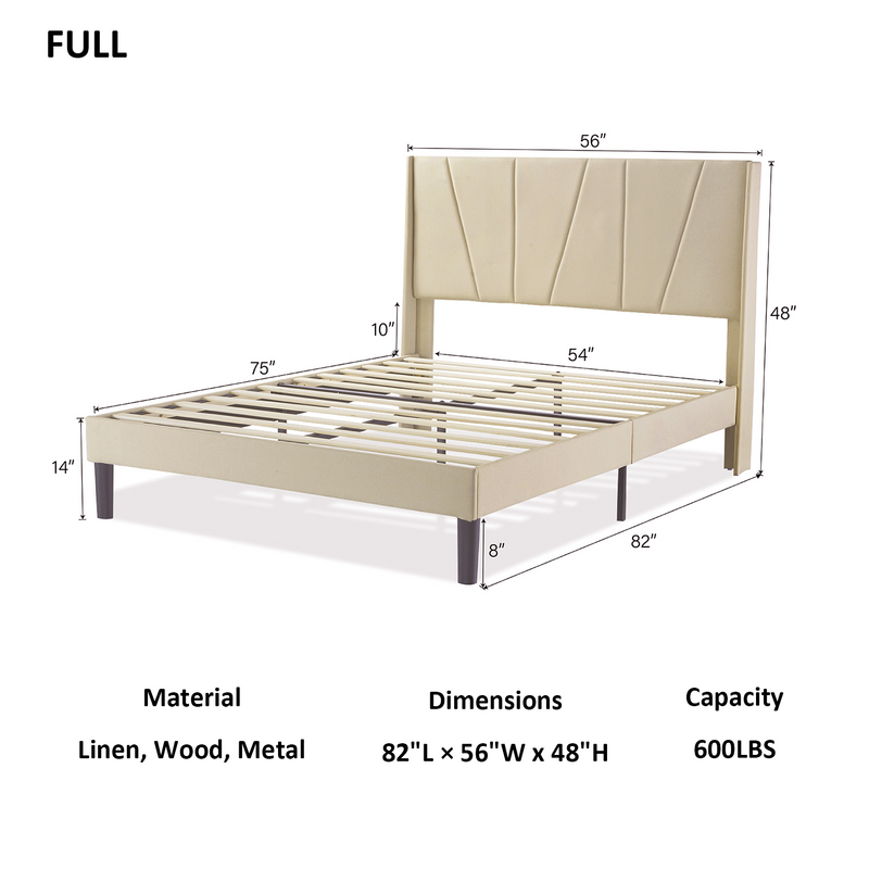 Upholstered Linen Platform Bed Frame with Geometric Wingback Headboard, Mattress Foundation