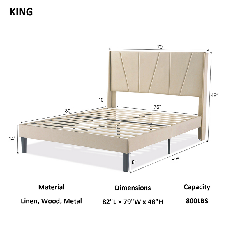 Upholstered Linen Platform Bed Frame with Geometric Wingback Headboard, Mattress Foundation