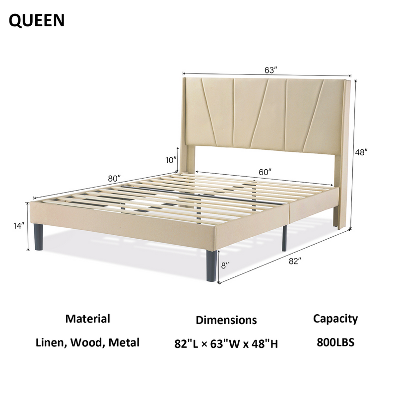 Upholstered Linen Platform Bed Frame with Geometric Wingback Headboard, Mattress Foundation