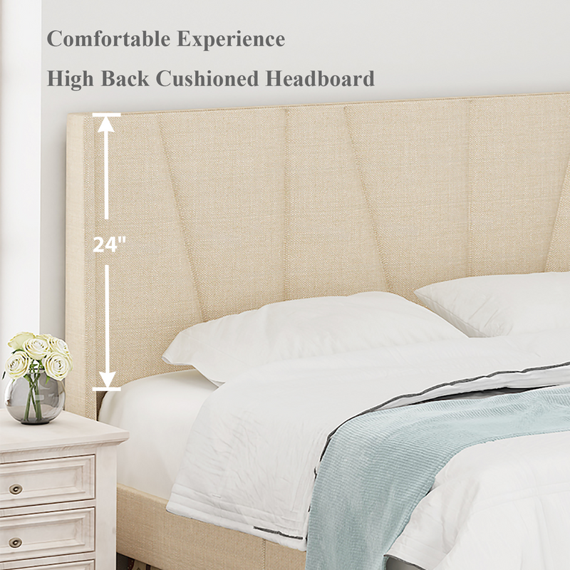 Upholstered Linen Platform Bed Frame with Geometric Wingback Headboard, Mattress Foundation