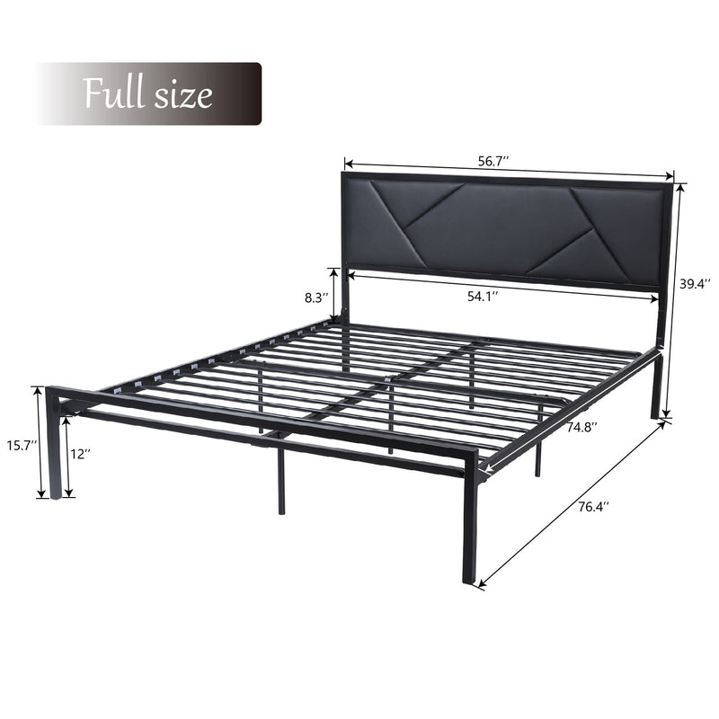 Modern Metal Bed Frame with Geometric Litchi Grain Leather Headboard