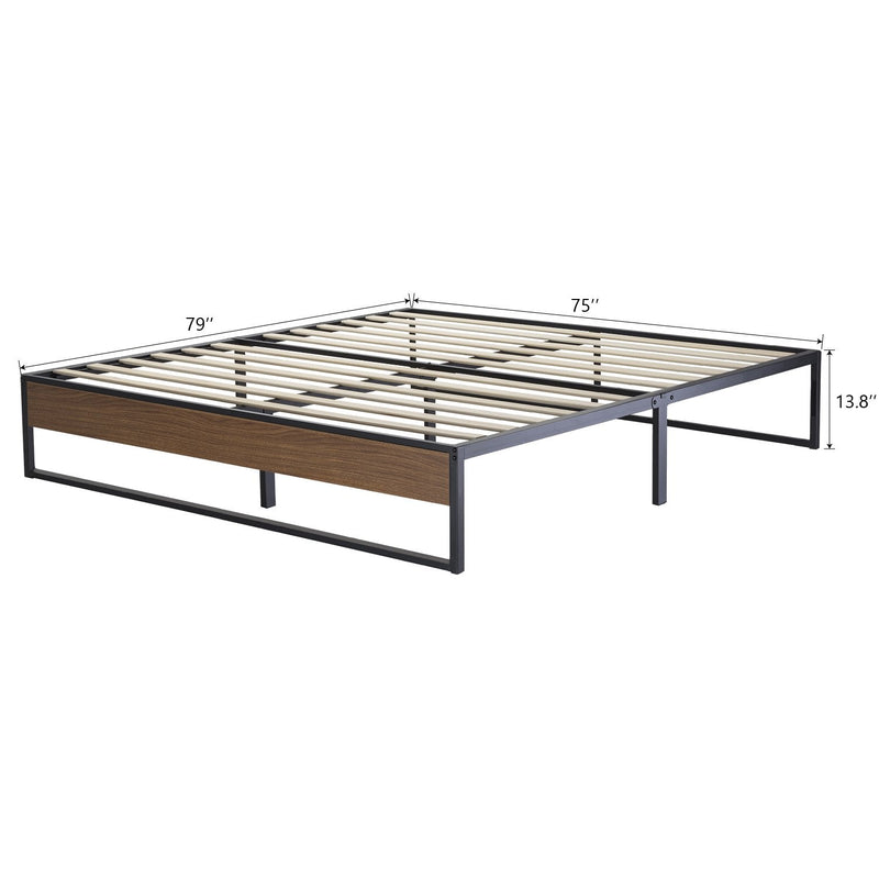 14 Inch Metal Bed Frame with Storage, Mattress Foundation with Rustic Wood
