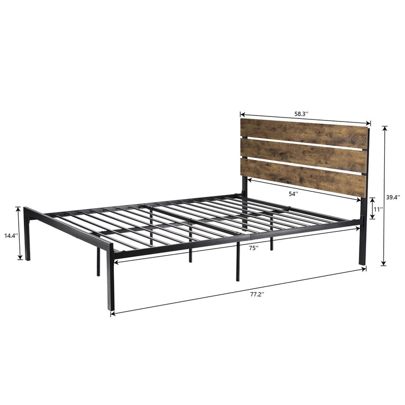 Platform Bed Frame with Wood headboard and Metal Slats / Rustic Country Style Mattress Foundation