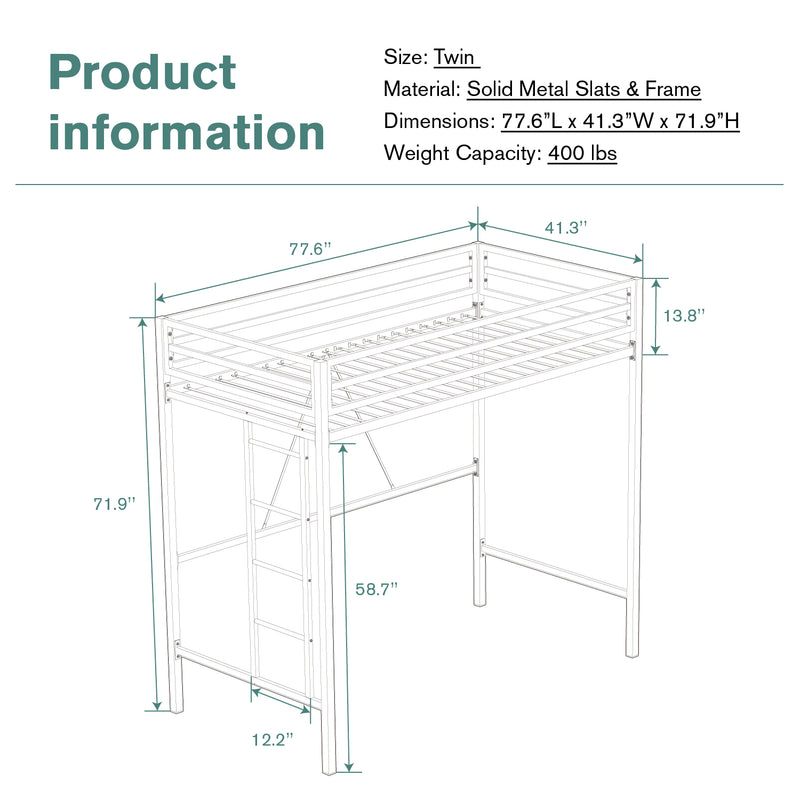 Loft Bed Frame for Juniors&Adults, Metal Loft Bed Twin Size with Safety Guardrail&Removable Ladder, Space-Saving, Noise Free