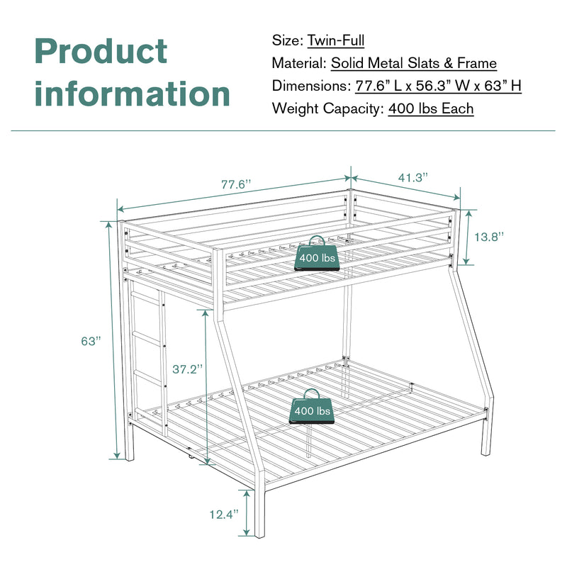 Twin Over Full Bunk Bed Frame with Ladder, Metal Bed Frame with Full-Length Guardrail, Space-Saving Design, No Box Spring Needed, Noise Free