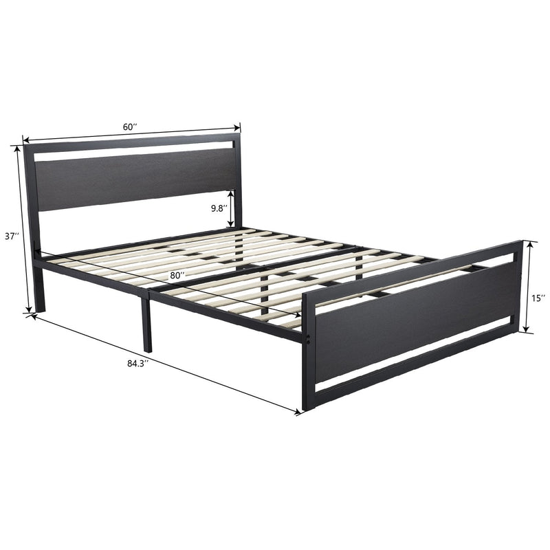 Heavy Duty Platform Bed, Metal Bed Frame with Modern Wooden Headboard & Footboard