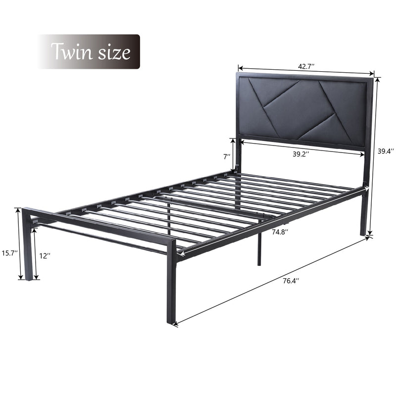 Modern Metal Bed Frame with Geometric Litchi Grain Leather Headboard