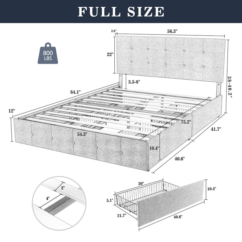 Upholstered Bed Frame with 4 Drawers Storage and Headboard