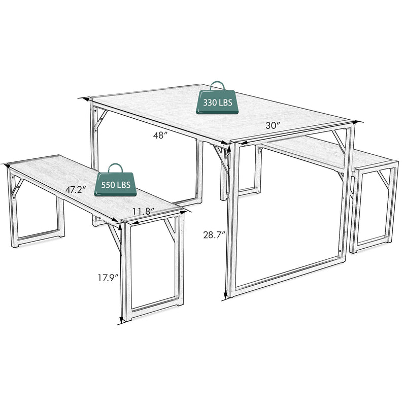 Modern Industrial Soho Dining Table Set, Dining/Kitchen Table Set with Benches