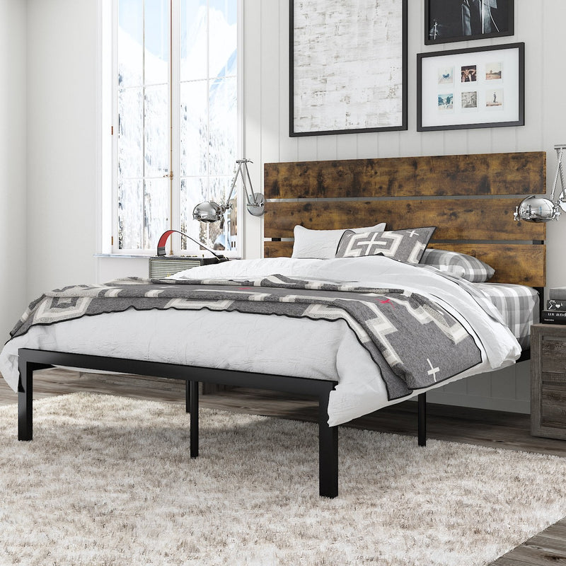 Platform Bed Frame with Wood headboard and Metal Slats / Rustic Country Style Mattress Foundation