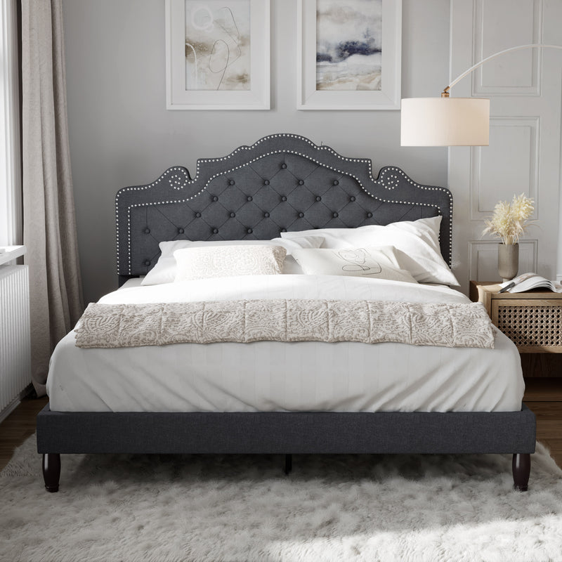 Full Size Platform Bed Frame with Fabric Upholstered, Adjustable Headboard, Light Gray
