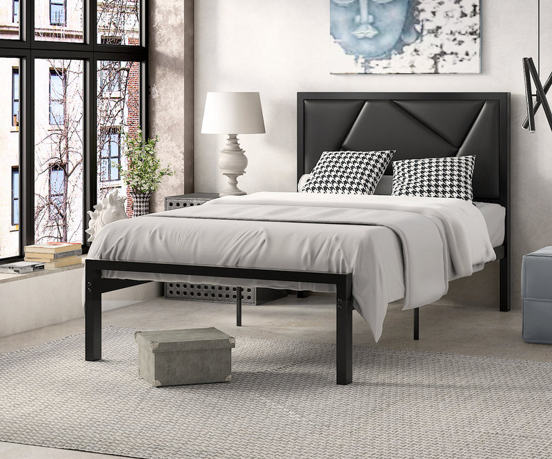 Modern Metal Bed Frame with Geometric Litchi Grain Leather Headboard