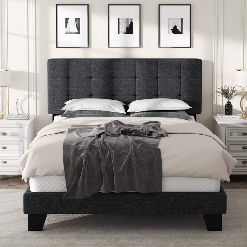 Queen Size Fabric Upholstered Panel Bed Frame with Adjustable Headboard, Square Stitched Style, Grey