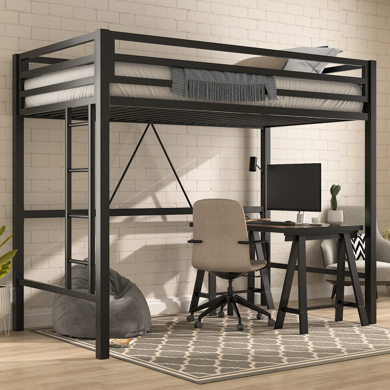 Loft Bed Frame for Juniors&Adults, Metal Loft Bed Twin Size with Safety Guardrail&Removable Ladder, Space-Saving, Noise Free