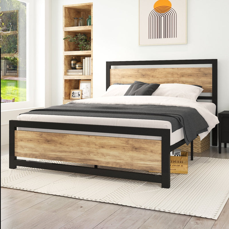 Heavy Duty Platform Bed, Metal Bed Frame with Modern Wooden Headboard & Footboard