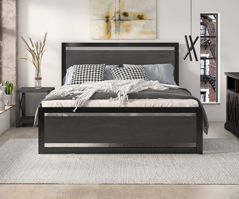 Heavy Duty Platform Bed, Metal Bed Frame with Modern Wooden Headboard & Footboard