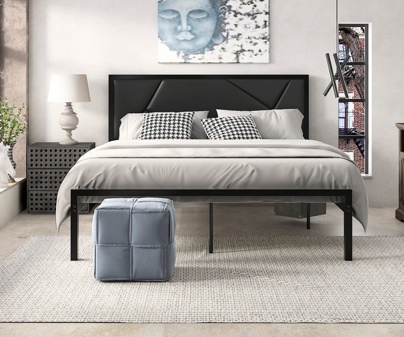 Modern Metal Bed Frame with Geometric Litchi Grain Leather Headboard