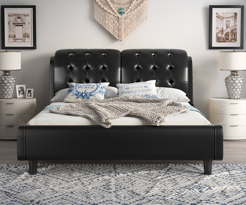 Deluxe Upholstered Platform Bed Frame, Button Tufted Sleigh Headboard with Double Backrest