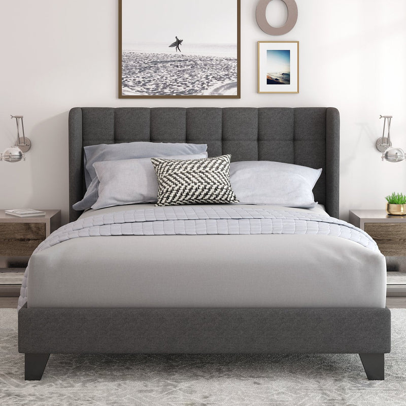 Wingback Upholstered Platform Bed Frame with Square Stitched Headboard,Mattress Foundation