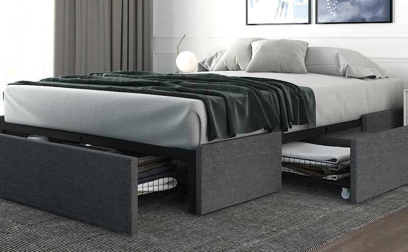 Platform Bed Frame with 3 Storage Drawers, Upholstered Wing Side Panel Design