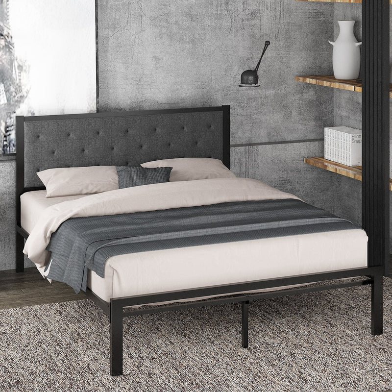 Metal Bed Frame with Headboard, Strong Steel Slats Support