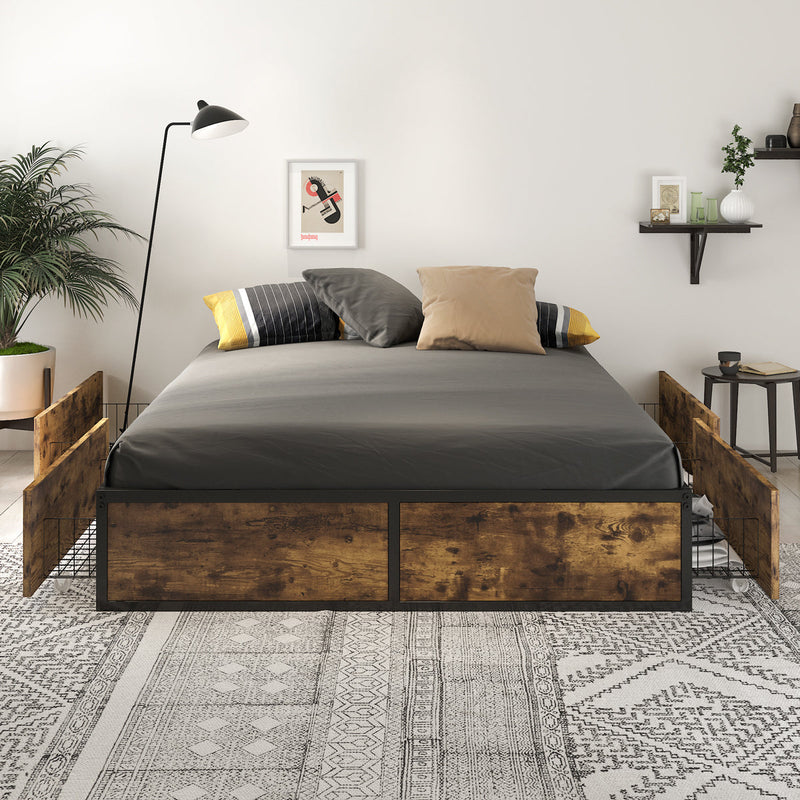Industrial Metal Bed Frame with 4 Sliding XL Storage Drawers, Platform Bed with Large Storage Space