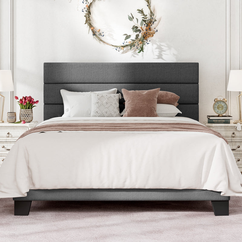 Modern Upholstered Platform Bed Frame with Headboard and Wooden Slats